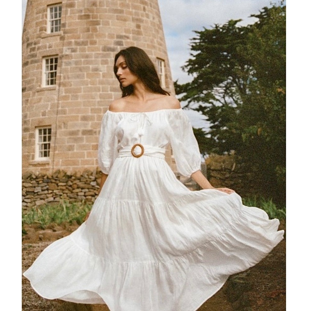 Spell & The Gypsy Gardenia White 100% Linen Gown Maxi Tiered‎ Dress Flowy L